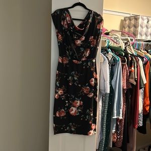 Navy off the shoulder mid length dress with flowers.